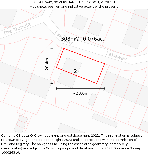 2, LAKEWAY, SOMERSHAM, HUNTINGDON, PE28 3JN: Plot and title map