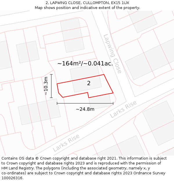 2, LAPWING CLOSE, CULLOMPTON, EX15 1UX: Plot and title map