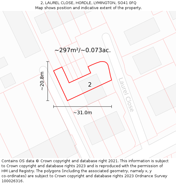 2, LAUREL CLOSE, HORDLE, LYMINGTON, SO41 0FQ: Plot and title map