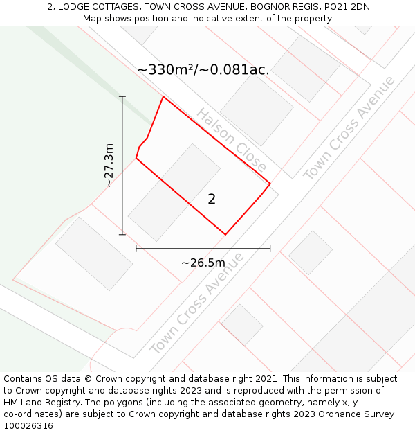 2, LODGE COTTAGES, TOWN CROSS AVENUE, BOGNOR REGIS, PO21 2DN: Plot and title map