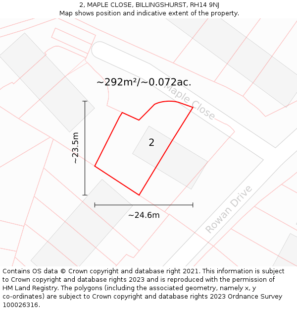 2, MAPLE CLOSE, BILLINGSHURST, RH14 9NJ: Plot and title map