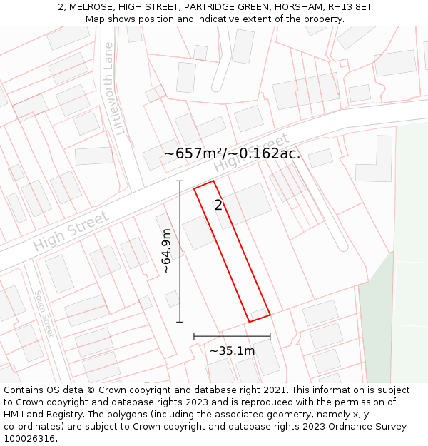 2, MELROSE, HIGH STREET, PARTRIDGE GREEN, HORSHAM, RH13 8ET: Plot and title map