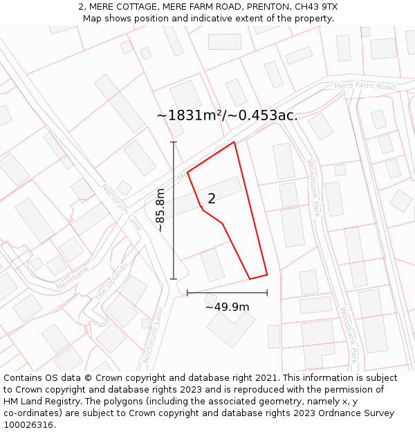 2, MERE COTTAGE, MERE FARM ROAD, PRENTON, CH43 9TX: Plot and title map