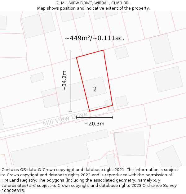 2, MILLVIEW DRIVE, WIRRAL, CH63 8PL: Plot and title map