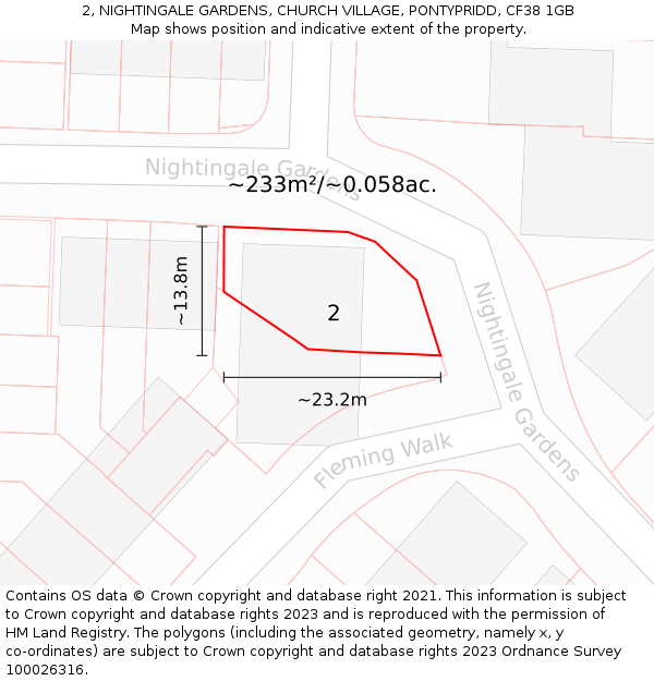 2, NIGHTINGALE GARDENS, CHURCH VILLAGE, PONTYPRIDD, CF38 1GB: Plot and title map