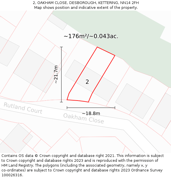 2, OAKHAM CLOSE, DESBOROUGH, KETTERING, NN14 2FH: Plot and title map