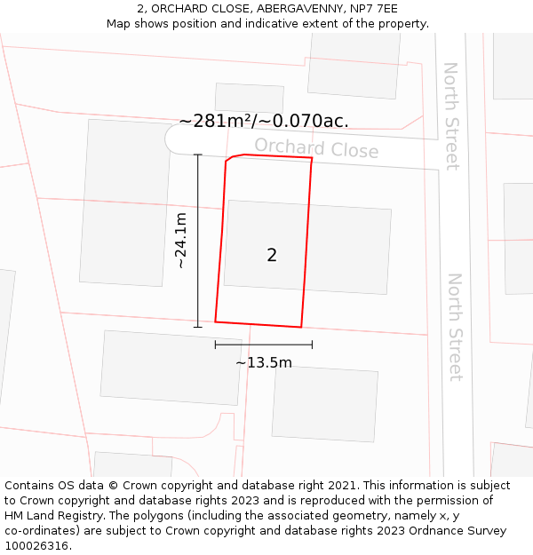 2, ORCHARD CLOSE, ABERGAVENNY, NP7 7EE: Plot and title map