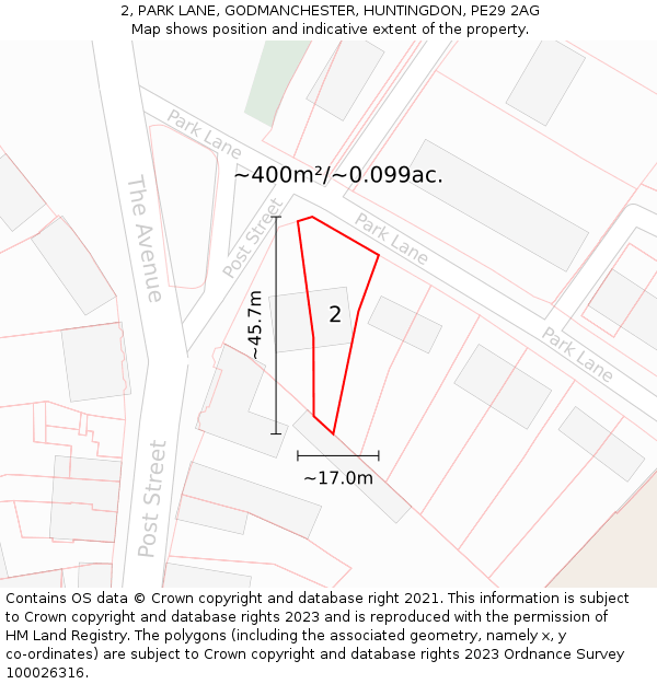 2, PARK LANE, GODMANCHESTER, HUNTINGDON, PE29 2AG: Plot and title map