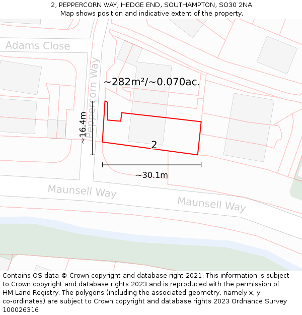 2, PEPPERCORN WAY, HEDGE END, SOUTHAMPTON, SO30 2NA: Plot and title map