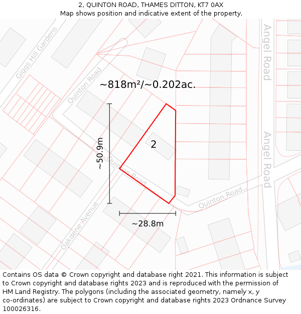 2, QUINTON ROAD, THAMES DITTON, KT7 0AX: Plot and title map