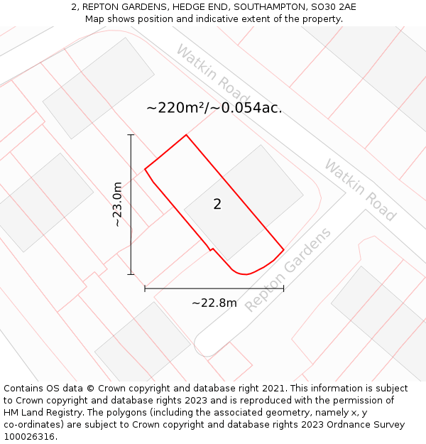 2, REPTON GARDENS, HEDGE END, SOUTHAMPTON, SO30 2AE: Plot and title map