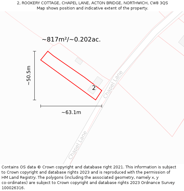 2, ROOKERY COTTAGE, CHAPEL LANE, ACTON BRIDGE, NORTHWICH, CW8 3QS: Plot and title map