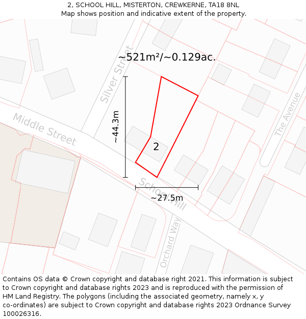 2, SCHOOL HILL, MISTERTON, CREWKERNE, TA18 8NL: Plot and title map