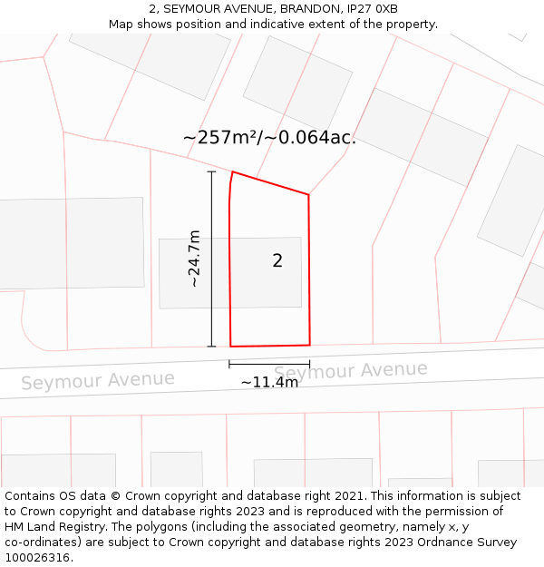 2, SEYMOUR AVENUE, BRANDON, IP27 0XB: Plot and title map