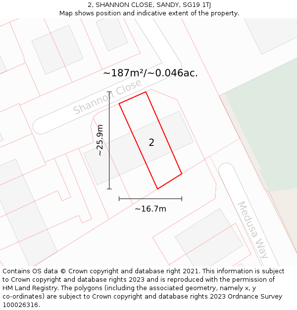 2, SHANNON CLOSE, SANDY, SG19 1TJ: Plot and title map