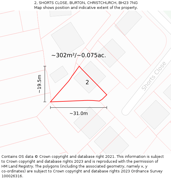 2, SHORTS CLOSE, BURTON, CHRISTCHURCH, BH23 7NG: Plot and title map