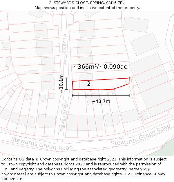 2, STEWARDS CLOSE, EPPING, CM16 7BU: Plot and title map