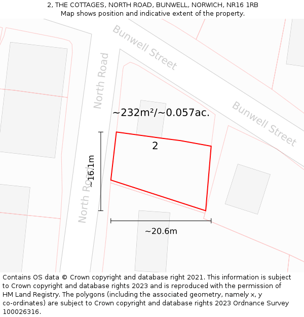 2, THE COTTAGES, NORTH ROAD, BUNWELL, NORWICH, NR16 1RB: Plot and title map