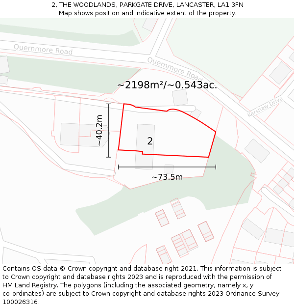 2, THE WOODLANDS, PARKGATE DRIVE, LANCASTER, LA1 3FN: Plot and title map