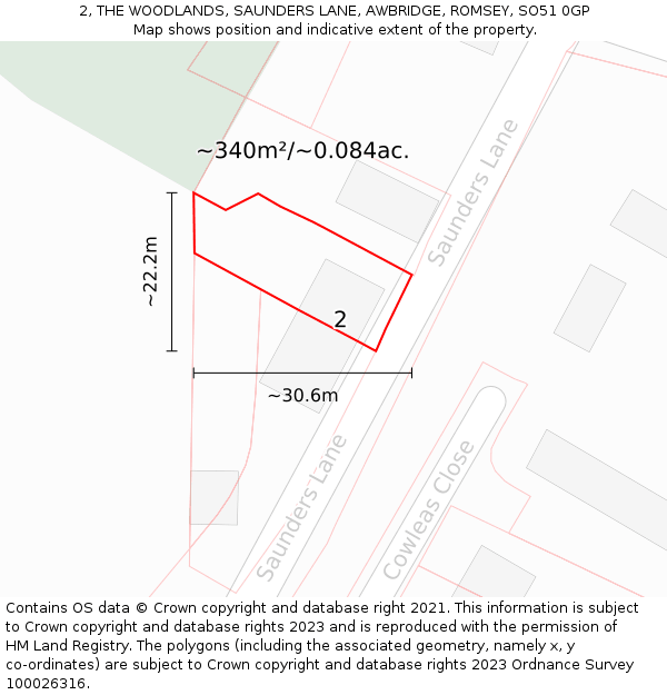 2, THE WOODLANDS, SAUNDERS LANE, AWBRIDGE, ROMSEY, SO51 0GP: Plot and title map