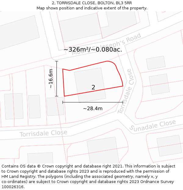 2, TORRISDALE CLOSE, BOLTON, BL3 5RR: Plot and title map