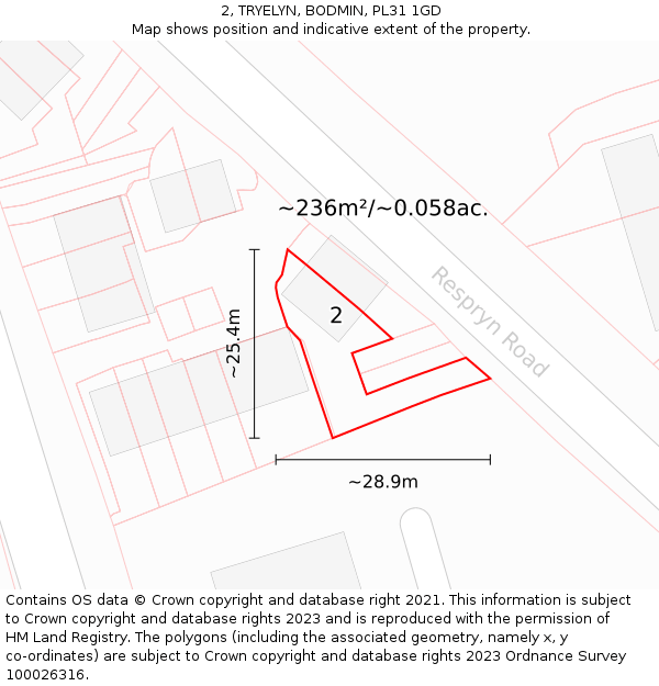 2, TRYELYN, BODMIN, PL31 1GD: Plot and title map