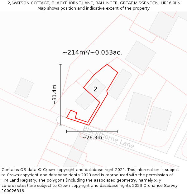 2, WATSON COTTAGE, BLACKTHORNE LANE, BALLINGER, GREAT MISSENDEN, HP16 9LN: Plot and title map