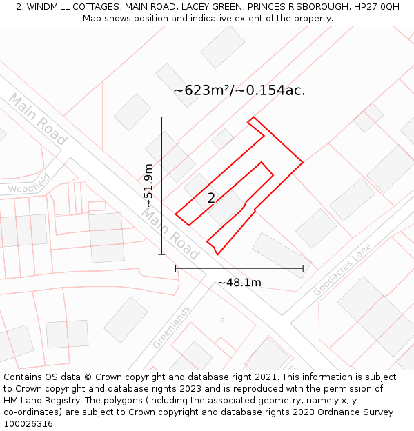 2, WINDMILL COTTAGES, MAIN ROAD, LACEY GREEN, PRINCES RISBOROUGH, HP27 0QH: Plot and title map