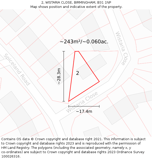 2, WISTARIA CLOSE, BIRMINGHAM, B31 1NP: Plot and title map