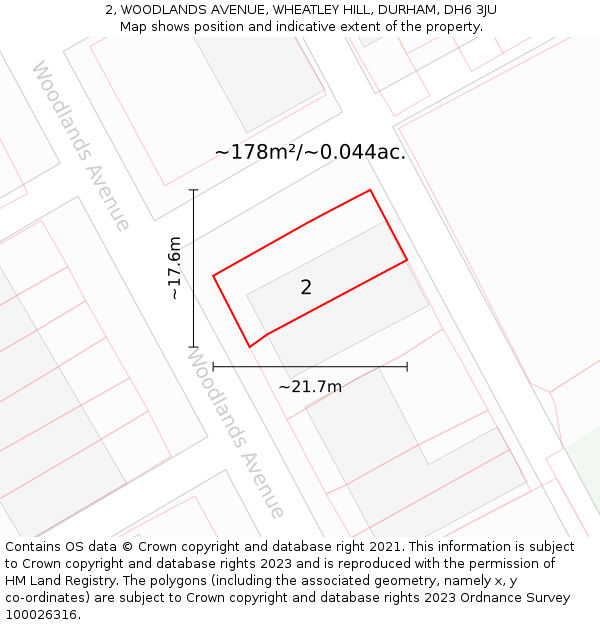 2, WOODLANDS AVENUE, WHEATLEY HILL, DURHAM, DH6 3JU: Plot and title map