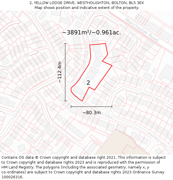 2, YELLOW LODGE DRIVE, WESTHOUGHTON, BOLTON, BL5 3EX: Plot and title map