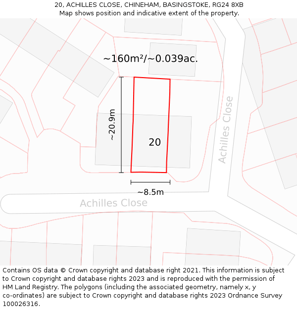 20, ACHILLES CLOSE, CHINEHAM, BASINGSTOKE, RG24 8XB: Plot and title map