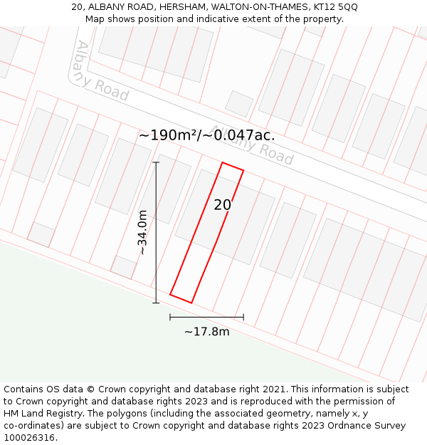 20, ALBANY ROAD, HERSHAM, WALTON-ON-THAMES, KT12 5QQ: Plot and title map