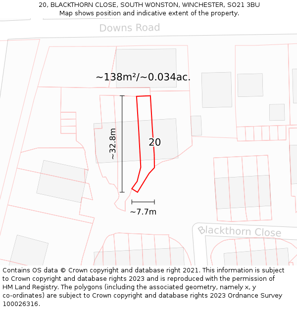 20, BLACKTHORN CLOSE, SOUTH WONSTON, WINCHESTER, SO21 3BU: Plot and title map