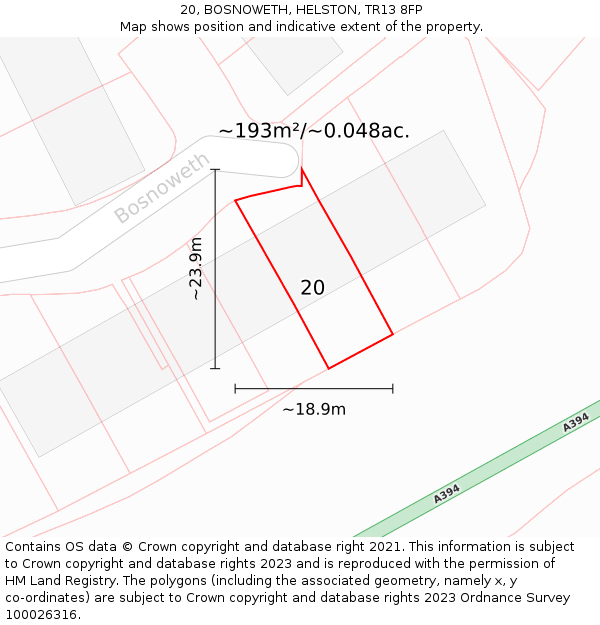 20, BOSNOWETH, HELSTON, TR13 8FP: Plot and title map