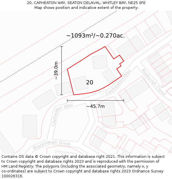 20, CAPHEATON WAY, SEATON DELAVAL, WHITLEY BAY, NE25 0FE: Plot and title map