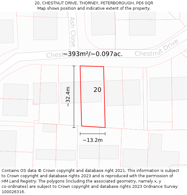 20, CHESTNUT DRIVE, THORNEY, PETERBOROUGH, PE6 0QR: Plot and title map