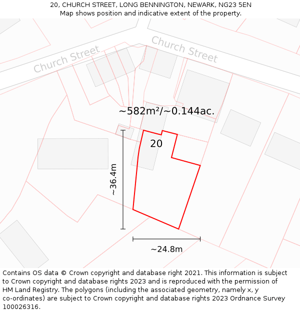 20, CHURCH STREET, LONG BENNINGTON, NEWARK, NG23 5EN: Plot and title map