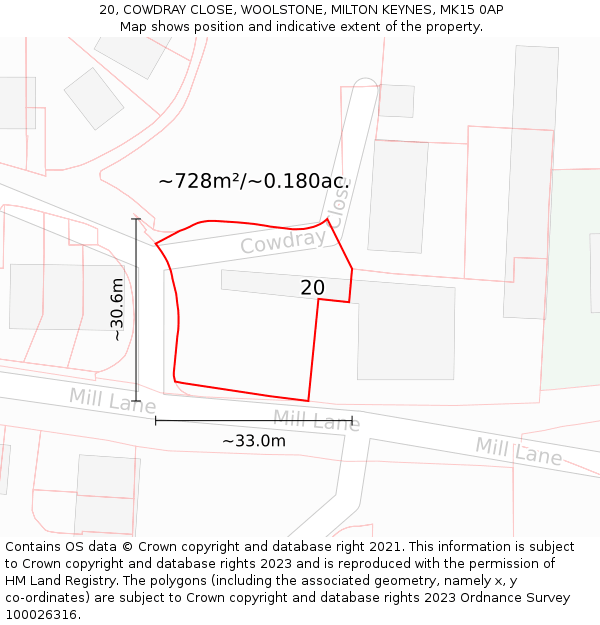 20, COWDRAY CLOSE, WOOLSTONE, MILTON KEYNES, MK15 0AP: Plot and title map