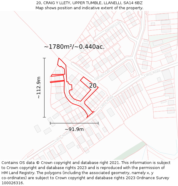 20, CRAIG Y LLETY, UPPER TUMBLE, LLANELLI, SA14 6BZ: Plot and title map