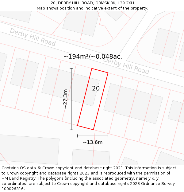 20, DERBY HILL ROAD, ORMSKIRK, L39 2XH: Plot and title map