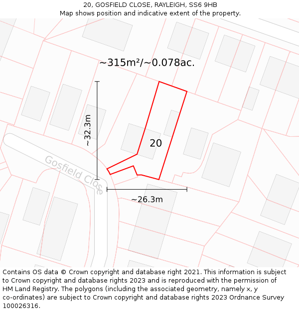 20, GOSFIELD CLOSE, RAYLEIGH, SS6 9HB: Plot and title map