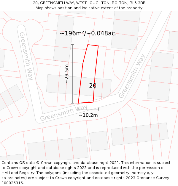 20, GREENSMITH WAY, WESTHOUGHTON, BOLTON, BL5 3BR: Plot and title map