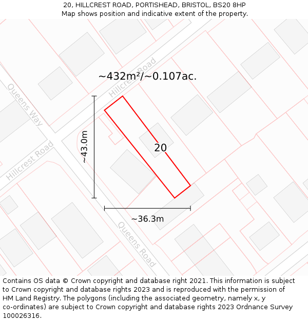 20, HILLCREST ROAD, PORTISHEAD, BRISTOL, BS20 8HP: Plot and title map