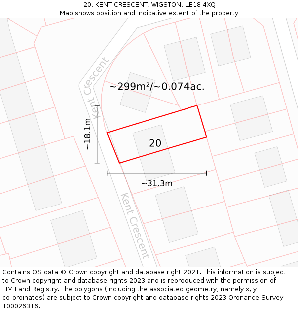 20, KENT CRESCENT, WIGSTON, LE18 4XQ: Plot and title map