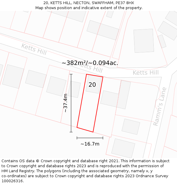 20, KETTS HILL, NECTON, SWAFFHAM, PE37 8HX: Plot and title map