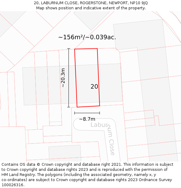 20, LABURNUM CLOSE, ROGERSTONE, NEWPORT, NP10 9JQ: Plot and title map