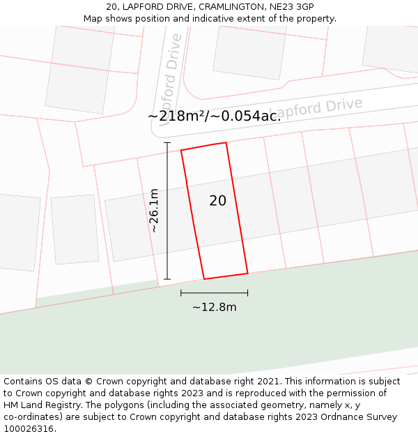 20, LAPFORD DRIVE, CRAMLINGTON, NE23 3GP: Plot and title map