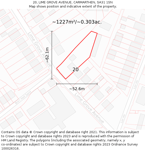 20, LIME GROVE AVENUE, CARMARTHEN, SA31 1SN: Plot and title map