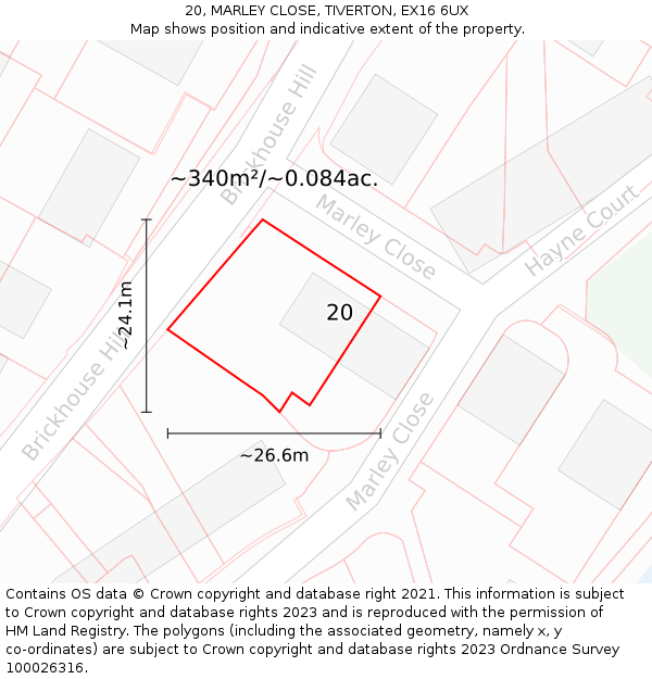 20, MARLEY CLOSE, TIVERTON, EX16 6UX: Plot and title map